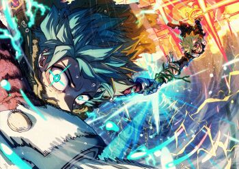 2boys bakugou_katsuki blonde_hair boku_no_hero_academia electricity glowing glowing_eyes green_eyes green_hair highres holding_hands male_focus midoriya_izuku multiple_boys red_hair short_hair smear_frame taku_(aywakutakuay)