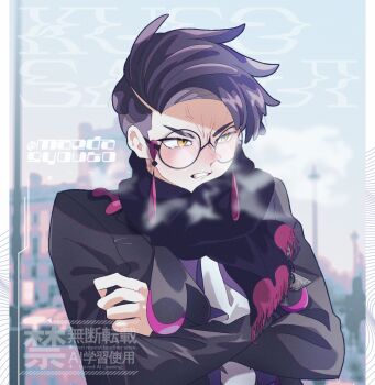 1boy black-framed_eyewear black_hair black_scarf breath clenched_teeth commentary_request corbeau_(pokemon) crossed_arms glasses highres jacket maeda_syouto male_focus necktie nintendo open_clothes open_jacket pokemon pokemon_legends:_z-a round_eyewear scarf short_hair solo teeth upper_body yellow_eyes