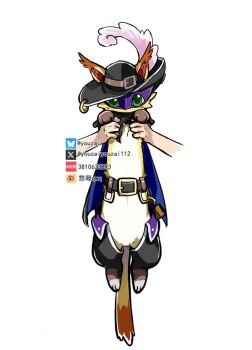 Rule 34 | animal, black hat, black pants, blue cape, cape, cat, digimon, digimon (creature), eye mask, green eyes, hat, holding, holding animal, holding cat, longcat (meme), mask, meme, nyabootmon, pants, purple mask, simple background, solo focus, white background, youzaiyouzai112
