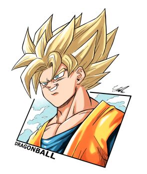 1boy blonde_hair blue_shirt copyright_name dougi dragon_ball dragonball_z gakumanabu green_eyes highres male_focus medium_hair orange_shirt parted_lips shirt signature simple_background smirk solo son_goku spiked_hair super_saiyan super_saiyan_1 upper_body white_background