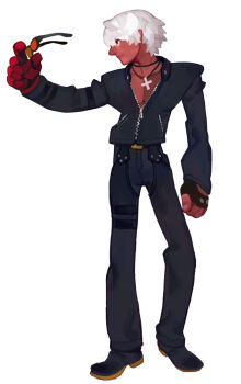 1boy commentary cross cross_necklace dark-skinned_male dark_skin english_commentary fl_(l-fl) gloves highres holding holding_removed_eyewear jewelry k&#039;_(kof) necklace short_hair simple_background solo the_king_of_fighters unworn_eyewear white_background white_hair