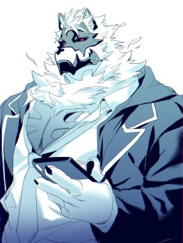 1boy absurdres animal_ears black_sclera claws colored_sclera commentary_request furry furry_male hagiography highres koshchei_(housamo) looking_at_viewer male_focus necktie pawpads red_eyes tokyo_houkago_summoners undone_necktie wolf_boy wolf_ears