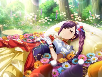 1girl braid braided_ponytail cosplay dress earrings flower_request game_cg gloves headpiece interlocked_fingers jewelry liu_mei_fan lying mole mole_under_eye multicolored_dress official_art on_back pillow purple_hair red_eyes shoujo_kageki_revue_starlight shoujo_kageki_revue_starlight_-re_live- snow_white's_dwarf_(fairy_tale_character) snow_white_(fairy_tale) snow_white_(fairy_tale_character) snow_white_(fairy_tale_character)_(cosplay) solo tree tree_stump triangle_mouth upper_body white_gloves