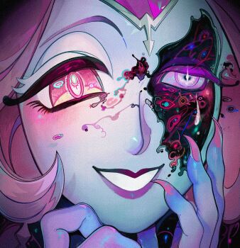 Rule 34 | 1girl, absurdres, blush, chinese commentary, commentary request, cookie run, cookie run: kingdom, cracked kawaii mask, cracked skin, eternal sugar cookie, fingernails, grin, highres, karsin2022, long hair, looking at viewer, pink eyes, pink hair, pink lips, pink nails, sharp fingernails, smile, solo, teardrop