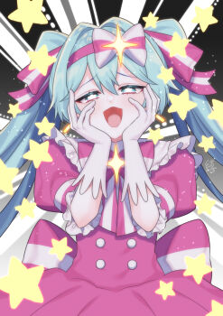 1girl aqua_eyes back_bow blue_hair blush bow bow_hairband bowtie buttons commentary_request dress gloves hair_intakes hair_ribbon hairband half-closed_eyes hands_on_own_face hatsune_miku highres ima_sugu_rinne_(vocaloid) long_hair looking_at_viewer multicolored_eyes open_mouth pink_bow pink_dress pink_eyes pink_hairband pink_ribbon puffy_short_sleeves puffy_sleeves raised_inner_eyebrows ribbon shimatamago short_sleeves smile solo star-shaped_pupils star_(symbol) striped_bow striped_bowtie striped_clothes striped_ribbon symbol-shaped_pupils twintails two-tone_bow two-tone_bowtie two-tone_ribbon upper_body vocaloid white_bow white_gloves white_ribbon