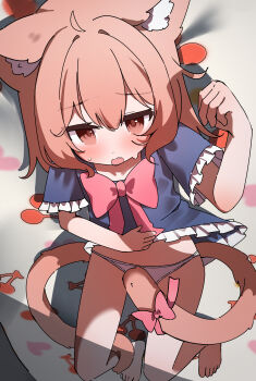 1girl absurdres animal_ear_fluff animal_ears barefoot blush bow bowtie brown_eyes brown_hair cat_ears cat_girl cat_tail copyright_request frilled_shirt frills highres looking_at_viewer moepu. multiple_tails nekomata panties pink_bow pink_bowtie shirt short_sleeves solo tail tail_bow tail_ornament toes two_tails underwear white_panties