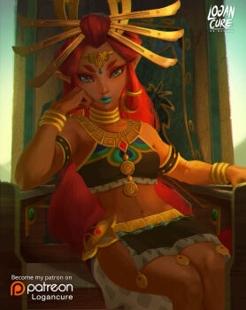 1girl armlet artist_logo bare_shoulders black_skirt blue_lips braid breasts cheek_rest circlet crop_top dark-skinned_female dark_skin desert eyelashes eyeshadow gerudo green_eyes headpiece highres jewelry logan_cure logo long_hair looking_at_viewer makeup midriff navel neck_ring nintendo peacock_feathers realistic red_hair riju sitting skirt skirt_cutout small_breasts solo the_legend_of_zelda the_legend_of_zelda:_breath_of_the_wild throne very_long_hair