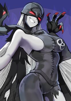 1girl black_bodysuit blue_background bodysuit breasts colored_skin cowboy_shot digimon digimon_(creature) fujiwara_echi grey_hair grey_skin highres ladydevimon large_breasts long_hair parted_lips red_eyes sideboob simple_background smile solo teeth torn_bodysuit torn_clothes