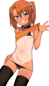 1girl absurdres bikini black_bikini black_thighhighs blue_collar blue_eyes borrowed_character breasts brown_hair clenched_teeth collar fang female_focus flower grin hair_flower hair_ornament heart heart_collar highres loli looking_at_viewer navel one-piece_tan original short_hair simple_background small_breasts smile solo swimsuit tan tanline teeth thighhighs twintails white_background yeun yuma_(ebisujima_misato)