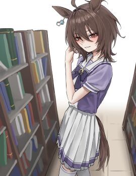 1girl absurdres agnes_tachyon_(umamusume) ahoge animal_ears blush book bookshelf bow bowtie breasts brown_hair chemical_structure earrings hair_between_eyes highres horse_ears horse_girl horse_tail huge_ahoge jewelry looking_at_viewer medium_hair parted_lips purple_bow purple_bowtie purple_shirt red_eyes sailor_collar sailor_shirt school_uniform shirt single_earring skirt smile solo tail thighhighs tracen_school_uniform tyrezal umamusume white_sailor_collar white_skirt white_thighhighs wolf_cut