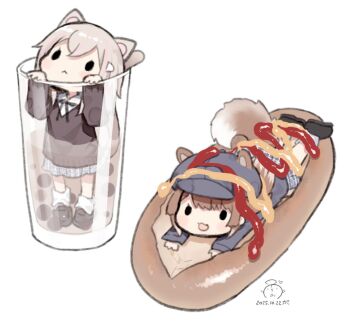 2girls :&lt; :d animal_ears black_bow black_shoes black_sweater bow brown_hair capriccio cat_ears cat_girl cat_tail cats_are_liquid closed_mouth collared_shirt commentary_request cup dated dog_ears dog_girl dog_tail drinking_straw ears_through_headwear food grey_hat grey_shirt grey_skirt hair_between_eyes hair_ornament hairclip hands_up hat in_container in_cup in_food ketchup mini_person minigirl multicolored_hair multiple_girls mustard newsboy_cap open_mouth original pink_hair plaid_clothes plaid_skirt pleated_skirt shirt shoes signature simple_background skirt smile socks solid_oval_eyes streaked_hair sweater tail white_background white_shirt white_socks