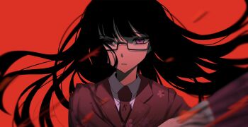 1girl black_hair collared_shirt employee_(project_moon) formal_clothes glasses highres lobotomy_corporation looking_at_viewer necktie nejineji_inu nugget_(project_moon) project_moon purple_eyes red_background red_necktie shirt solo suit