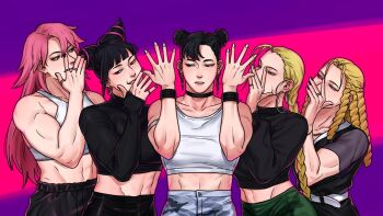 5girls archived_source arm_up armband belt black_collar black_hair black_nails black_pants black_shirt black_wrist_cuffs blonde_hair blue_eyes blunt_bangs braid breasts cammy_white camouflage camouflage_pants capcom chain chain_necklace chun-li collar collarbone crop_top crossover dangling_earring double_bun drill_hair earrings efd final_fight green_pants grey_pants hair_bun hair_horns half-closed_eyes han_juri hand_over_eye head_tilt highres hoop_earrings idol jewelry kanzuki_karin long_hair long_sleeves looking_at_another looking_down looking_to_the_side lowered_eyelids midriff multiple_drills multiple_girls multiple_rings necklace pants parted_lips pink_background pink_hair pink_nails poison_(final_fight) produce_48 puffy_sleeves purple_background purple_eyes ring rumor_(produce_48) shirt short_sleeves sidelocks sleeveless smile street_fighter stud_earrings toned toned_female twin_drills white_belt white_nails wrist_cuffs