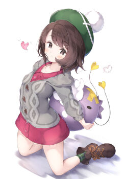 1girl absurdres blush boots brown_boots brown_eyes brown_hair closed_mouth commentary_request dress drifloon full_body gen_4_pokemon gloria_(pokemon) green_hat green_socks grey_sweater hat heart highres looking_at_viewer medium_hair nintendo pink_dress plaid_clothes plaid_socks pokemon pokemon_(creature) socks solid_oval_eyes sweater ukiwakisen white_background