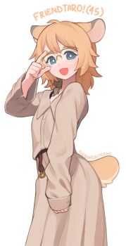 1girl :d adjusting_eyewear adversarial_noise animal_ears arm_at_side artist_name blonde_hair blue_eyes character_name commentary english_commentary friendtaro_(hakos_baelz) glasses grey_hair hand_on_eyewear hand_up highres hololive hololive_english long_sleeves looking_at_viewer medium_hair multicolored_hair open_mouth over-rim_eyewear semi-rimless_eyewear simple_background sleeves_past_wrists smile solo tail two-tone_hair virtual_youtuber white_background yoako