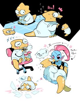 2girls ^^^ alphys blue_skin blush_stickers carrying chair chopsticks closed_eyes colored_skin colored_teeth instant_cup_noodles eating eyepatch fins flying_sweatdrops food furry furry_female glasses gogeyama head_fins highres holding holding_chopsticks instant_cup_noodles instant_noodles looking_back multiple_girls noodles office_chair paper ponytail princess_carry red_hair sitting smile swivel_chair translation_request tripping undertale undyne utdr_(toby_fox) yellow_teeth yuri