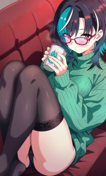 1girl absurdres aqua_hair black_hair black_panties black_thighhighs bright_pupils commentary_request couch crossed_legs cup disposable_cup glasses green_sweater highres holding holding_cup hololive hololive_dev_is knees_up looking_at_viewer lying medium_hair multicolored_hair no_pants on_back on_couch panties pon_tanuki_(ga7fsrge9jxblaw) red-framed_eyewear red_eyes rindo_chihaya solo streaked_hair sweater thighhighs turtleneck turtleneck_sweater underwear virtual_youtuber white_hair