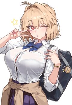 1girl absurdres alternate_costume arcueid_brunestud bag blonde_hair bra bra_visible_through_clothes bracelet breasts button_gap cardigan cardigan_around_waist clothes_around_waist ebora fake_nails gyaru hand_up highres jewelry large_breasts medium_hair one_eye_closed puckered_lips red_eyes school_uniform see-through_clothes shirt shirt_tucked_in shoulder_bag solo tsukihime underwear v white_background white_shirt