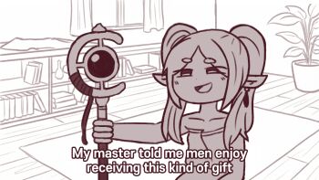 1girl :d book bookshelf carpet commentary def_fault elf english_commentary english_text frieren hair_over_shoulder half-closed_eyes holding holding_staff indoors long_pointy_ears mage_staff meme monochrome open_mouth outstretched_arm parted_bangs plant pointy_ears potted_plant smile smug solo sousou_no_frieren staff thick_eyebrows you_can_just_give_this_kind_of_thing_to_men_and_they_will_be_thrilled_(meme)