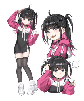 1girl absurdres ahoge black_choker black_dress black_hair black_thighhighs blunt_bangs choker commentary_request cropped_hoodie cropped_torso ddungddang dress full_body heart heart_choker highres hood hood_down hoodie korean_commentary loading_icon lollipop_in_mouth long_hair long_sleeves looking_at_viewer multicolored_hair multiple_views open_mouth original pink_hoodie pink_streaks shoes simple_background standing streaked_hair thighhighs two_side_up white_background white_shoes