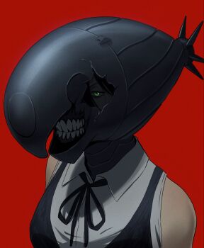 1girl alternate_form apron black_apron bomb bomb_devil_(chainsaw_man) chainsaw_man explosive francisco_mon green_eyes highres nuclear_weapon object_head reze_(chainsaw_man) shirt sleeveless sleeveless_shirt solo transformation