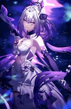 1girl absurdres bad_link bare_shoulders black_tiara bow breasts castorice_(honkai:_star_rail) closed_mouth cowboy_shot dress elbow_gloves flower gloves hair_bow hair_flower hair_ornament highres holding holding_weapon honkai:_star_rail honkai_(series) long_hair looking_at_viewer medium_breasts pochimaru_(marumaru_wanwan) purple_bow purple_eyes purple_flower purple_gloves purple_hair purple_theme smile solo tiara very_long_hair weapon white_dress