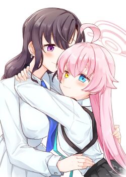 2girls ahoge black_skirt blue_archive blue_eyes blue_necktie chest_harness closed_mouth commentary female_sensei_(blue_archive) from_side harness heterochromia hoshino_(blue_archive) hug long_hair long_sleeves looking_at_viewer multiple_girls necktie pink_hair purple_eyes rarasa_(rarasa) sensei_(blue_archive) simple_background skirt smile symbol-only_commentary white_background white_hair yellow_eyes yuri