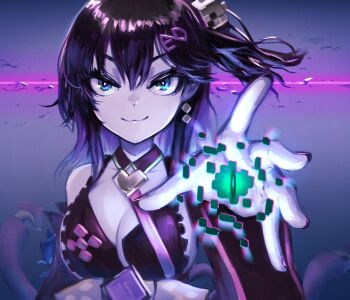 1girl :3 adapted_costume alternate_costume alternate_eye_color alternate_hair_color bare_shoulders bell black_hair black_nails blue_eyes blush breasts bright_pupils chromatic_aberration cleavage cleavage_cutout closed_mouth clothing_cutout commentary_request dark detached_collar detached_sleeves earrings eye_of_ender fingernails glitch glowing hair_bell hair_between_eyes hair_ornament hololive horizon jewelry jingle_bell long_fingernails long_hair looking_at_viewer medium_breasts minecraft nail_polish nontraditional_miko obi open_hand pale_skin panjamunoname_(nononanameme) purple_background sakura_miko sash side_ponytail sideboob smile solo the_end_(minecraft) upper_body virtual_youtuber white_pupils
