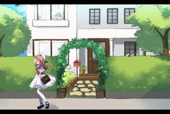 1girl bag blue_eyes blue_sailor_collar blue_shoes blush commentary_request day door dress from_side full_body hat hedge house letterboxed long_hair mailbox_(incoming_mail) mary_janes motohara_moka neckerchief open_mouth original outdoors pink_hair red_neckerchief sailor_collar sailor_dress shadow shoes short_sleeves sidelocks solo thighhighs tree walking white_dress white_hat white_thighhighs