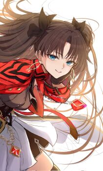 1girl black_gloves blue_eyes breasts brown_hair closed_mouth earrings fate/stay_night fate_(series) floating_hair gem gloves highres honkai:_star_rail honkai_(series) jewelry leaning_forward looking_at_viewer medium_breasts pendant penguintake red_gem sketch smile solo tohsaka_rin tohsaka_rin_(honkai:_star_rail)