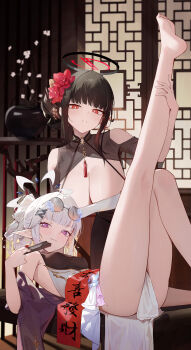 Rule 34 | 2girls, absurdres, bare shoulders, black dress, black hair, blue archive, blush, breasts, cleavage, commentary request, dress, flower, hair bun, hair flower, hair ornament, halo, highres, himari (blue archive), large breasts, leg up, long hair, looking at viewer, lying, medium breasts, mole, mole under eye, multiple girls, pelvic curtain, pointy ears, purple eyes, red eyes, rio (blue archive), shawl, sidelocks, smile, sukaliya, tassel, white dress, white hair