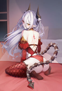1girl absurdres ass back back_tattoo bare_shoulders blanket blush breasts chinese_commentary closed_mouth commentary_request detached_collar detached_sleeves dintea from_behind full_body grey_hair hair_between_eyes heterochromia highres horns long_hair long_hair_between_eyes long_sleeves looking_at_viewer looking_back medium_breasts no_shoes on_bed original panties pillow pointy_ears red_eyes red_panties red_thighhighs sidelocks sitting soles solo tail tattoo thighhighs thighs underwear very_long_hair wariza yellow_eyes