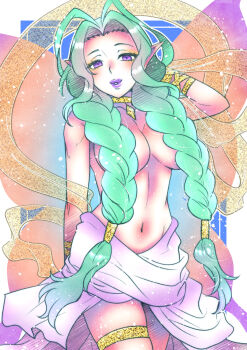 1girl absurdres antenna_hair ao_(yashuring) arm_behind_head armlet braid breasts character_request commission convenient_censoring copyright_request gold_armlet gold_choker gold_thighlet green_hair hagoromo hair_censor hair_intakes highres jewelry large_breasts lips long_hair navel parted_lips pointy_ears purple_eyes purple_lips shawl skeb_commission solo tareme thighlet topless_female twin_braids very_long_hair