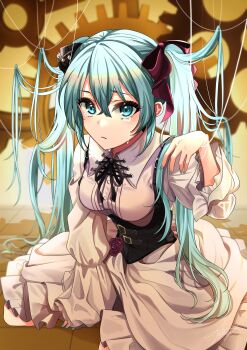 1girl aqua_eyes aqua_hair aqua_nails black_corset black_ribbon breasts closed_mouth corset crying dress eyelashes floor flower frown gears hair_ribbon hatsune_miku highres karakuri_pierrot_(vocaloid) long_sleeves medium_breasts no_1pafu pink_ribbon puppet_strings red_flower ribbon signature sleeves_past_wrists solo tears twintails vocaloid white_dress