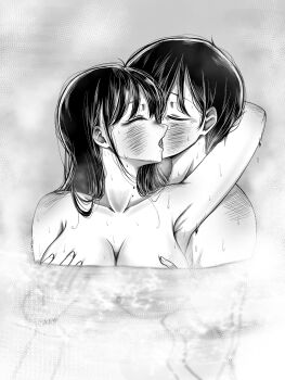1girl ao_tanuki arm_up armpits blush boku_no_kokoro_no_yabai_yatsu breasts cleavage closed_eyes closed_mouth collarbone commentary dated_commentary french_kiss grabbing_another&#039;s_breast grabbing_from_behind greyscale groping hetero highres ichikawa_kyoutarou kiss large_breasts long_hair monochrome nude partially_submerged profile short_hair water wet yamada_anna