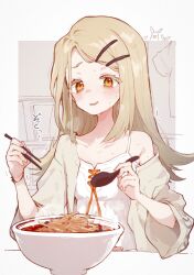 Rule 34 | 1girl, blush, bowl, camisole, chopsticks, commentary request, flat chest, food, gakuen idolmaster, gradient hair, grey hair, hair ornament, hairclip, holding, holding spoon, idolmaster, jacket, long hair, multicolored hair, nervous smile, noodles, open clothes, open jacket, orange eyes, parted lips, rimukoro, shinosawa hiro, single bare shoulder, smile, solo, spoon, sweat, udon, upper body, white camisole