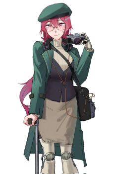 1girl arm_support bag beret breasts camera cane character_request coat cowboy_shot dangodes glasses hat headphones highres holding holding_camera holding_cane large_breasts long_hair original pink_eyes pink_hair ponytail prosthesis prosthetic_arm prosthetic_leg radio simple_background skirt smile sweater turtleneck turtleneck_sweater white_background
