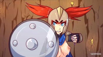 1girl 6+boys animated animated_gif ass ass_focus blue_eyes breasts cave colored_sclera colored_skin cum cum_on_ass cum_on_body cum_on_breasts cum_on_hair cum_on_upper_body derpixon doggystyle facial fantasy goblin goblin_male grey_skin hair_through_headwear helmet jean_(fandeltales) medium_breasts multiple_boys penis rape red_hair red_sclera sex sex_from_behind shield standing standing_sex torn_clothes twintails