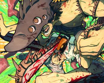 Rule 34 | 2boys, beam (chainsaw man), black hair, blood, blue shorts, chainsaw, chainsaw man, denji (chainsaw man), dynamic pose, glowing, glowing eye, highres, multiple boys, muscular, muscular male, pull cord, shark boy, shark fin, shark head, sharp teeth, shorts, signature, taku (aywakutakuay), teeth, tongue, tongue out, topless male