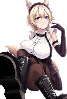 1girl absurdres animal_ears blonde_hair blue_eyes blush breasts cat_ears cat_girl cat_tail highres kage_no_jitsuryokusha_ni_naritakute! large_breasts looking_at_viewer maid maid_headdress nagisilon pantyhose short_hair simple_background sitting skirt smile solo tail white_background