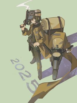 1girl 2025 aiming_up androgynous artist_name bedroll belt belt_pouch black_boots boots breasts brown_belt brown_coat chinese_commentary coat combat_boots commentary dated finger_on_trigger floating_clothes from_above from_side full_body fur-trimmed_headwear fur_trim goggles goggles_on_headwear green_background green_hair green_hat green_jacket green_pants grey_eyes gun hair_between_eyes handgun hat hermes_(kino_no_tabi) highres holding holding_gun holding_weapon jacket kino_(kino_no_tabi) kino_no_tabi looking_to_the_side looking_up motor_vehicle motorcycle new_year pants pouch revolver shadow short_hair signature small_breasts smoke smoking_barrel solo strap tomboy twitter_username ushanka weapon weapon_request yuitelephone