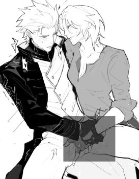 1boy 1girl bare_legs black_coat black_gloves blush breasts brother_and_sister cleavage coat collarbone collared_coat collared_vest cuntboy cuntboy_with_female dante_(devil_may_cry) devil_may_cry_(series) devil_may_cry_5 fingering fingerless_gloves front_zipper furrowed_brow gloves hair_slicked_back heart high_collar highres holding_another&#039;s_wrist incest long_coat long_sleeves male_focus medium_breasts medium_hair no_panties no_pants nose_blush open_mouth parted_lips pussy pussy_juice seductive_smile shirt short_hair siblings simple_background sleeves_rolled_up small_sweatdrop smile squinting sweat sweatdrop thick_lips trembling twins utopia_87115256 v-neck vaginal vergil_(devil_may_cry) vest white_background white_hair zipper zipper_pull_tab