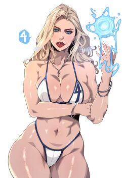 1girl bikini blonde_hair blue_eyes breasts cam_the_art_guy earrings fantastic_four highres jewelry large_breasts long_hair looking_at_viewer marvel marvel_rivals simple_background smile solo sue_storm swimsuit white_background