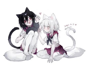 2girls animal animal_ears animal_on_lap black_cat black_hair black_neckerchief cat cat_ears cat_girl cat_on_lap cat_tail chinese_commentary closed_mouth commentary_request cropped_shirt dated glasses heart highres medium_hair miniskirt multiple_girls neckerchief no_shoes on_lap original pillow pink_sailor_collar pink_skirt pleated_skirt red_eyes round_eyewear sailor_collar sailor_shirt school_uniform semi-rimless_eyewear serafuku shirt short_sleeves simple_background sitting skirt tail thighhighs vihua6 white_background white_shirt white_thighhighs