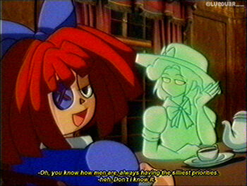1990s_(style) 2girls blue_bow bow button_eyes buttons character_request commentary cup english_commentary english_text ghost hair_bow indoors lueduar martha_mildenhall medium_hair multiple_girls open_mouth ragatha_(the_amazing_digital_circus) red_hair retro_artstyle smile subtitled the_amazing_digital_circus twitter_username upper_body vhs_artifacts