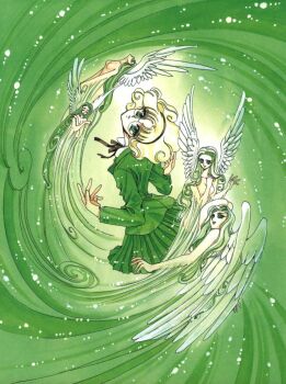 1990s_(style) 5girls angel blonde_hair clamp full_body glasses green_eyes green_shirt green_skirt green_theme hairband hououji_fuu magic_knight_rayearth multiple_girls nude official_art retro_artstyle round_eyewear scan school_uniform shirt short_hair skirt smile wings