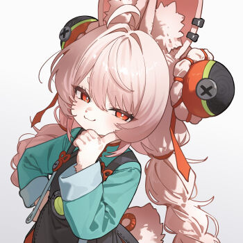 1girl :3 absurdres animal_ear_fluff animal_ears blue_shirt braid closed_mouth commentary eco_376124 furry furry_female hair_ornament highres long_hair looking_at_viewer pink_hair red_eyes shirt solo sphere_hair_ornament symbol-only_commentary thick_eyebrows twin_braids zenless_zone_zero zhao_(zenless_zone_zero)