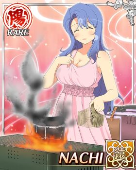 1girl blue_hair breasts burning camping cleavage closed_eyes cooking dress fanning game_cg holding holding_money large_breasts long_hair money money_fan nachi_(senran_kagura) non-web_source official_alternate_costume official_art open_mouth pink_dress pulling_own_clothes senran_kagura senran_kagura_new_wave smile smoke solo stove suitcase