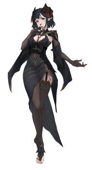 1girl absurdres belt between_breasts black_belt black_dress black_hair bodysuit breasts brown_bodysuit brown_thighhighs clothing_cutout commentary dress english_commentary fingernails full_body highres jewelry long_fingernails looking_at_viewer mole mole_under_eye nail_polish navel_cutout original pointy_ears red_eyes red_nails short_hair side_slit simple_background solo standing stirrup_legwear tachi-e tastebid thighhighs toe_ring toeless_legwear toenail_polish toenails tongue tongue_out underbust vampire white_background wide_hips
