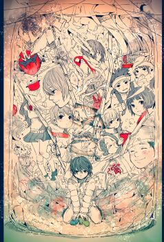 3girls 3kuma 5boys backpack bag balloon beanie boku_dake_ga_inai_machi book cage closed_mouth commentary_request cooking_pot curtains freckles fujinuma_sachiko fujinuma_satoru hat headband highres hinazuki_kayo holding holding_book jacket katagiri_airi kazu_(boku_dake_ga_inai_machi) kobayashi_kenya lunchbox mask mittens monochrome mother_and_son multiple_boys multiple_girls open_mouth osamu_(boku_dake_ga_inai_machi) pleated_skirt randoseru rice short_hair skirt smile snow socks spot_color squatting sugita_hiromi yashiro_gaku